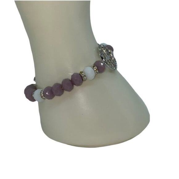 Purple White Beaded Silver-Tone Tree of Life Pendant Rhinestone Stretch Bracelet - Picture 7 of 9